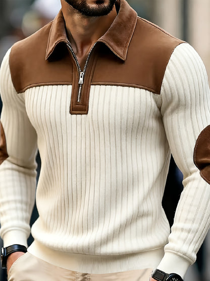 Men's Autumn Winter Color Block Pullover Sweater with Lapel - ayq