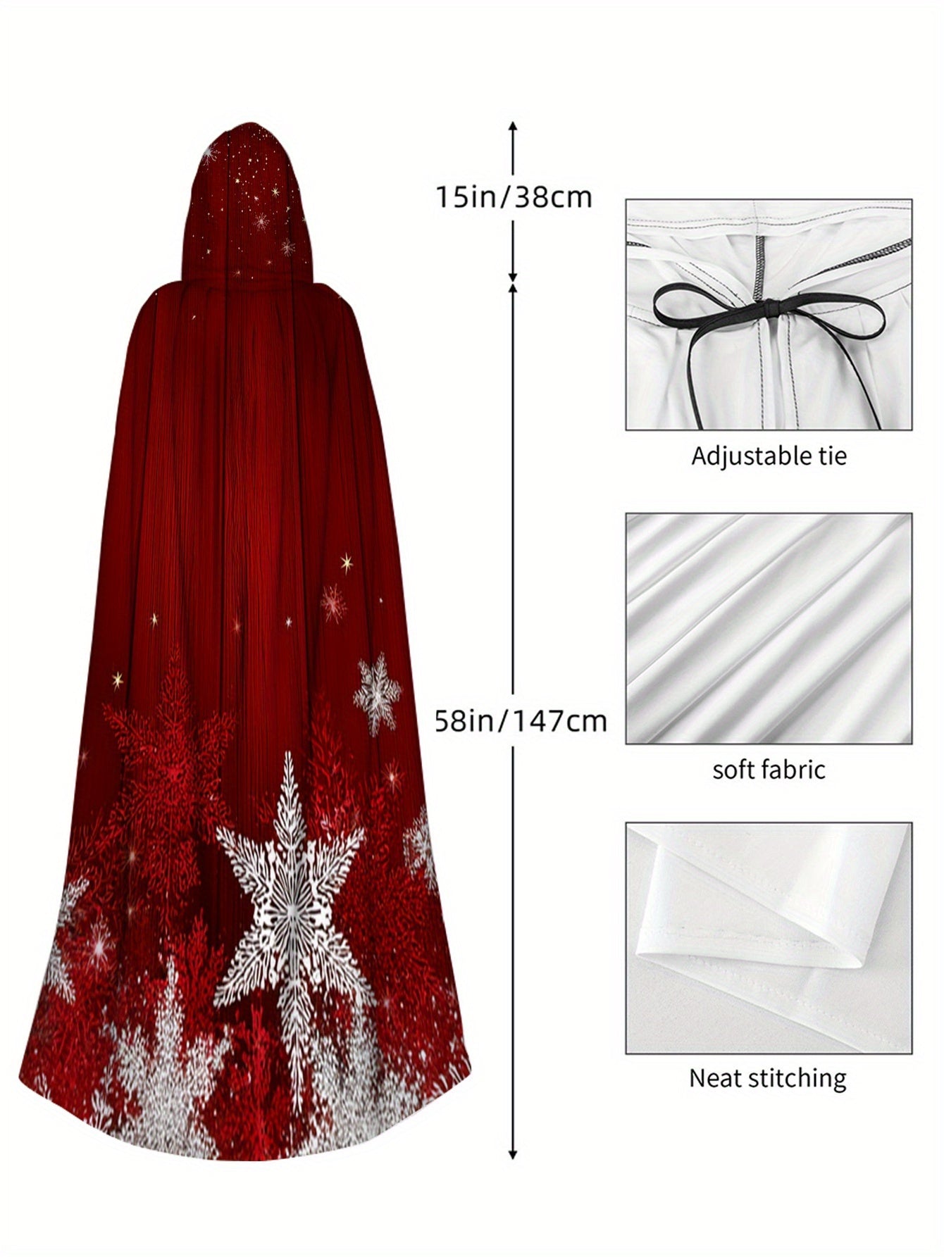 1pc Red & White Snowflake Cape with Hood - Long Flowing Winter Costume for s &, Christmas Party Costume, New Year's Eve Outfit, Themed Events - Machine Washable 100% Polyester Coat (Star Pattern Back), 2D Flat
