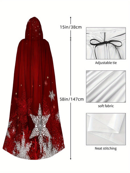 1pc Red & White Snowflake Cape with Hood - Long Flowing Winter Costume for s &, Christmas Party Costume, New Year's Eve Outfit, Themed Events - Machine Washable 100% Polyester Coat (Star Pattern Back), 2D Flat