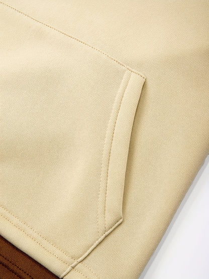 2pcs Boys' Oversized Hooded Sweatsuit & Jogger Pants Set with Letter Print - Beige & Brown Casual Winter Outfits, Thick Warm Fabric, Machine Washable, Pockets, Elastic Waist & Cuffed Hem for Play & Casual Attire - Ideal for L