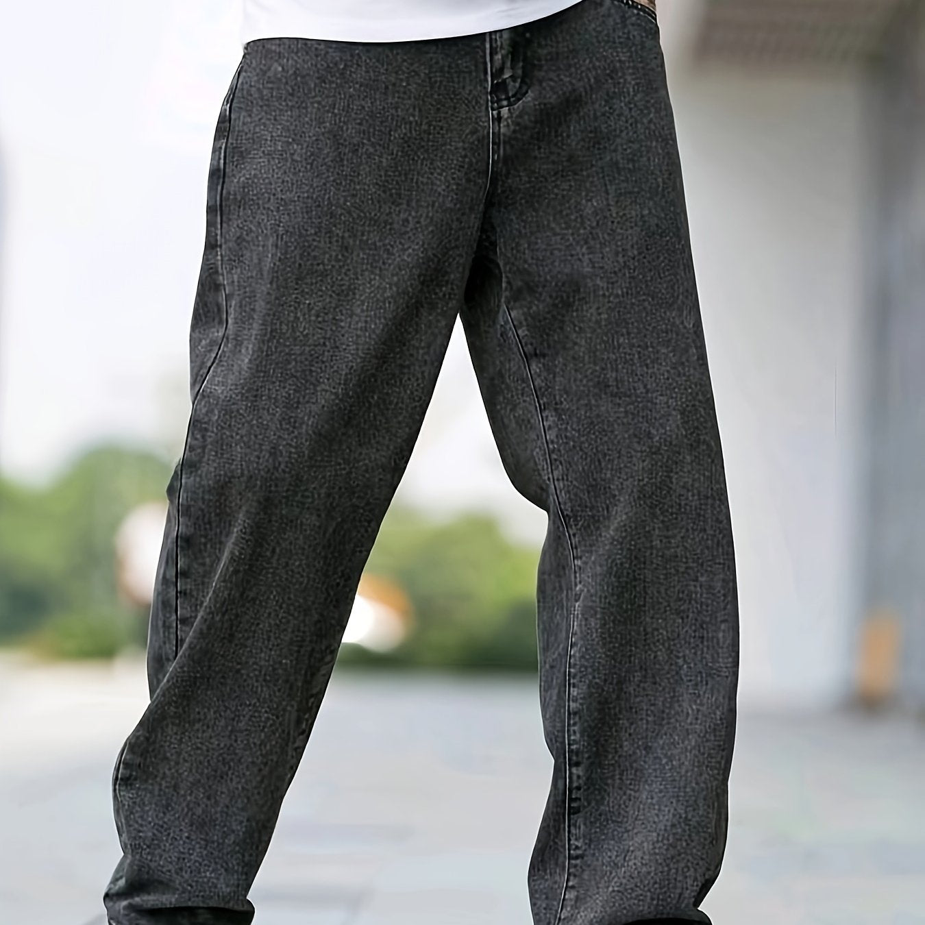 1pc Men'S Mid-Waist Loose Fit Denim Jeans - Street Style Solid Color Cotton Blend Pants with Flakes Detail, Zipper Fly, Belt Loops, All-Season Comfort for Weekend Casual Wear