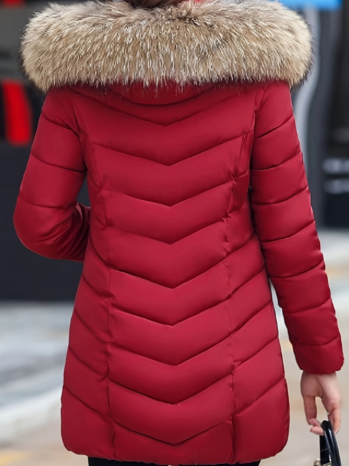 Women'S Elegant Red Mid-Length Winter Coat with Plush Fur Hood, Zip-Up Design, and Contrast Trim - Stylish All-Season Outerwear, Winter Coats And Vests