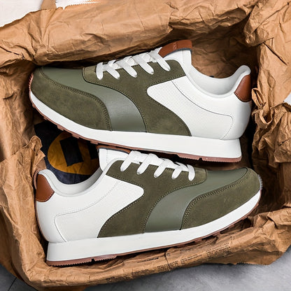 Men'S Casual Sneakers - Flat Lace-Up Shoes with Thick Sole for Height Increase - Breathable All-Season Running Shoes, Olive Green & White, Perfect for Outdoor Activities, Hiking, and Daily Wear, Hiking Footwear | Stylish Lace - ayq