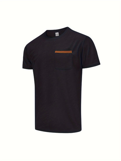 Men's Solid T-shirt With Chest Pocket, Casual Short Sleeve Crew Neck Tee, Men's Clothing For Summer Outdoor