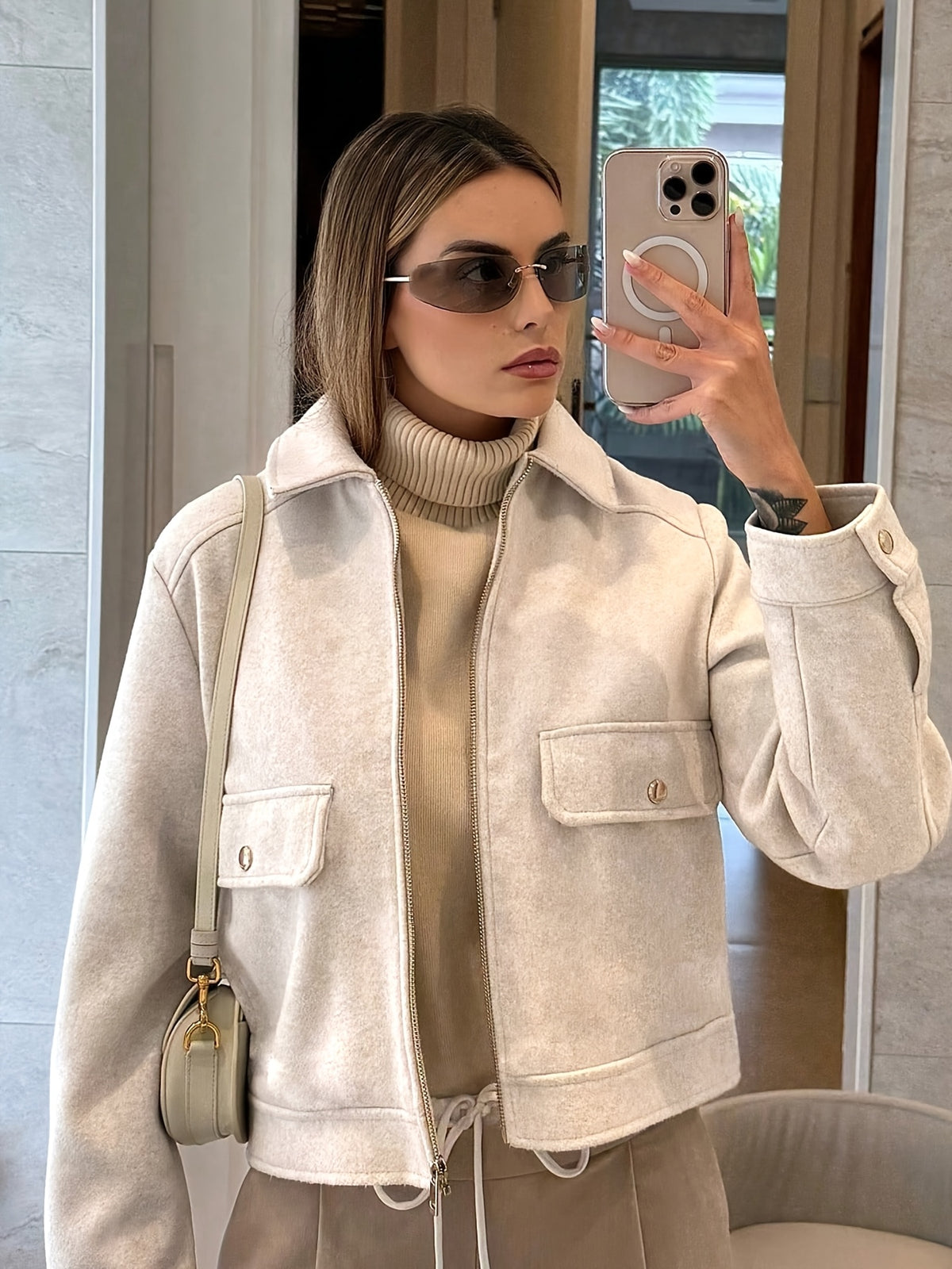 Elegant Women's Solid Color Lapel Jacket with Buckle Detail