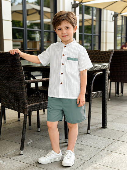 Boys' Summer Casual Shirt & Woven Shorts Set - Lightweight Polyester