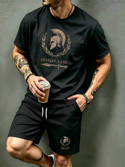 Men's Summer Short Sleeve T-Shirt and Shorts Set with Spartan Helmet P