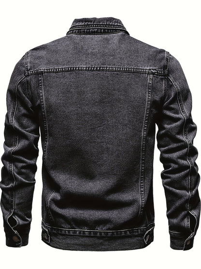 Men's Chic Washed Denim Jacket, Casual Street Style Button Up Contrast Stitching Jacket For Fall Winter