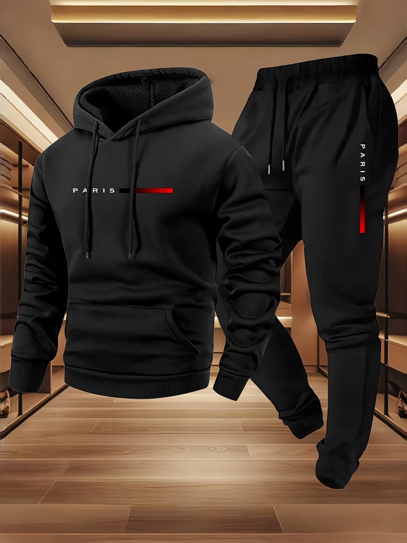 Halloween Men'S Hoodie with PARIS Lettering And Drawstring Sweatpants Set, a Must-Have Outfit for Autumn And Winter, Perfect for Everyday Outdoor Wear - ayq
