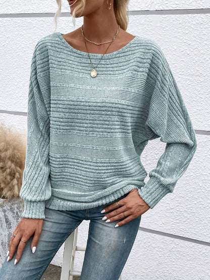 1 հատ Women'S Casual Crew Neck Knit T-shirt - պոլիեսթեր պինդ գույնի երկարաթև վերնաշապիկ գարնան/աշունի համար