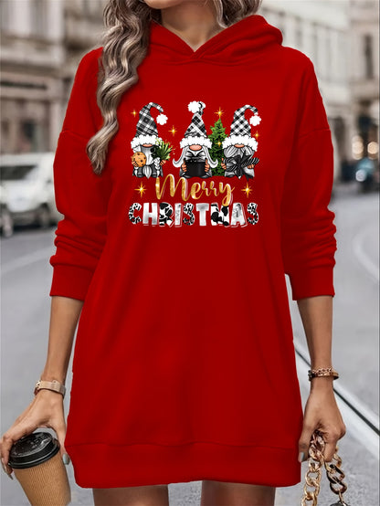 Women's Christmas Gnome Print Hooded Sweatshirt Dress - Soft Slim Fit Sweater Dress with Holiday Cheer Gnome Patterns, All-Season Casual Dress for Christmas Party Outfits (Machine Washable)