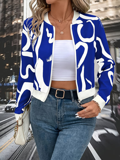 Կանացի ոճային սև-սպիտակ աբստրակտ նախշերով կայծակաճարմանդով կարդիգան բաճկոն - երկար թևքերով առօրյա սվիտեր գոտիով, բոլոր եղանակների համար, առօրյա հագուստի բաճկոն | Ժամանակակից առօրյա բաճկոն | կայծակաճարմանդով բաճկոն