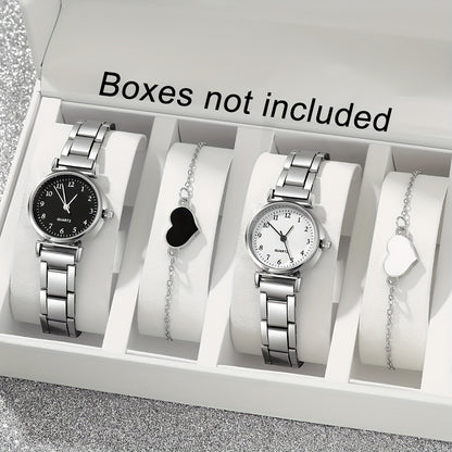 Set Of 4 New Stylish Stainless Steel Quartz Watches For Women + New Heart-shaped Bracelet Set, Perfect For Gifting Friends On Valentine's Day, Easter, Ramadan, Or Eid Al-Adha In The Middle East