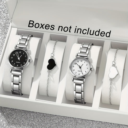 Set Of 4 New Stylish Stainless Steel Quartz Watches For Women + New Heart-shaped Bracelet Set, Perfect For Gifting Friends On Valentine's Day, Easter, Ramadan, Or Eid Al-Adha In The Middle East