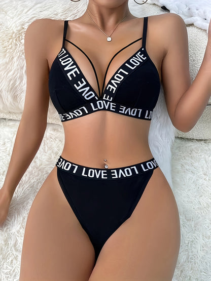 Letter Tape Cut Out Bra &amp; Panty, Strappy Bra &amp; Panties ներքնազգեստի հավաքածու, Կանացի ներքնազգեստ և ներքնազգեստ
