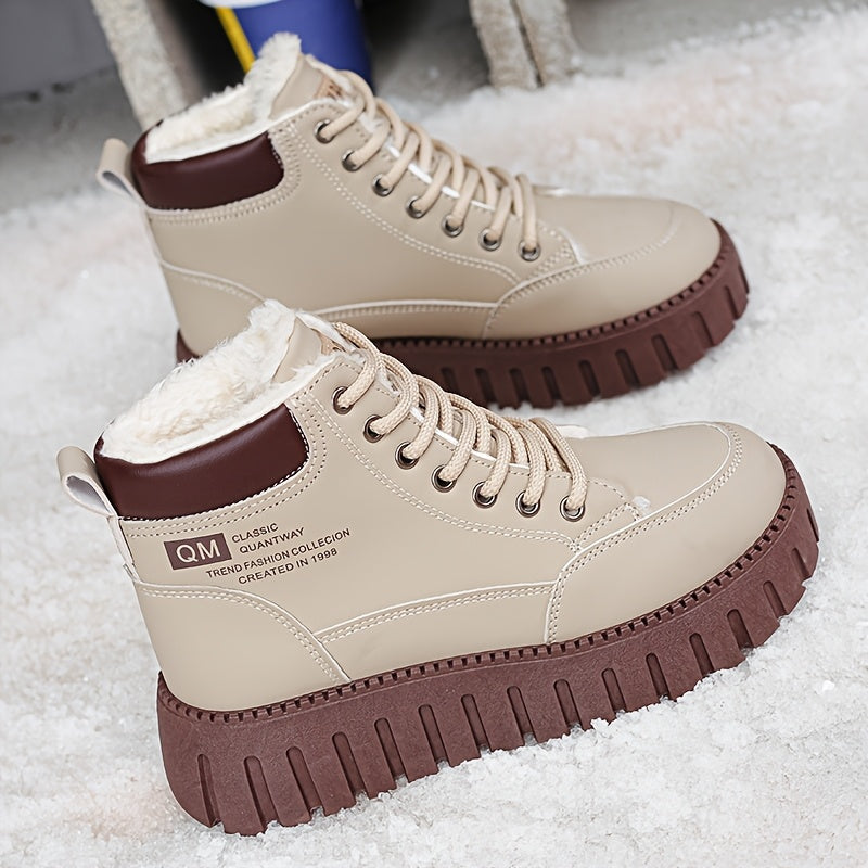 Women's Warm Boots - Heavy-Duty PU Coated Texture, Lace-Up Ankle Boots, Thick Sole Height Increase and Non-Slip Rubber Sole - Beige/Brown Options, Elegant Winter Boots for Women, Shiny Black Winter Boots with Beige Plush Lini