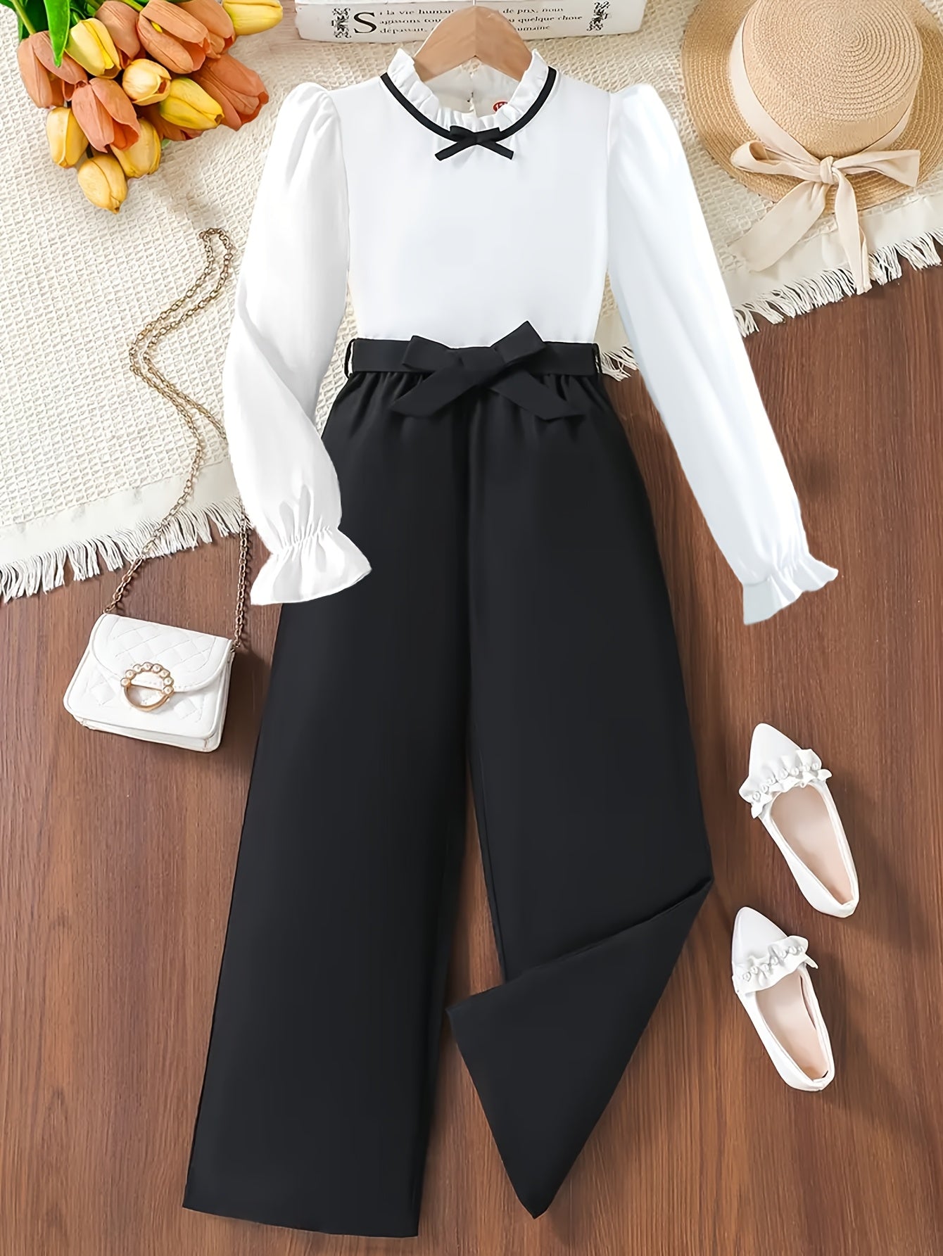 Girls' Fall/Winter Long-Sleeve Top & Wide-Leg Pants Set