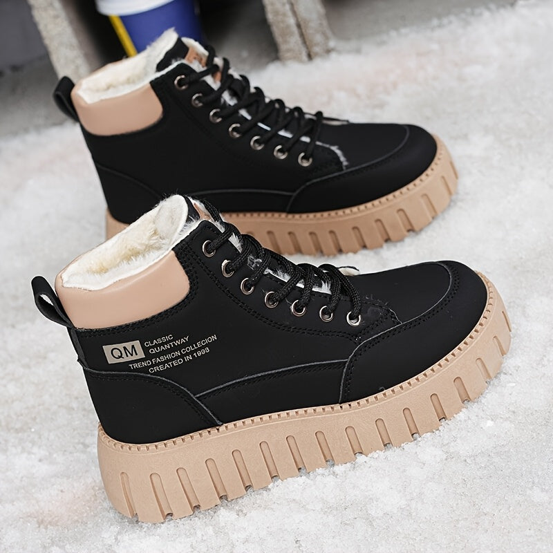 Women'S Winter Warm High-Top Ankle Boots - Thick Platform Sole, Round Toe, Lace-Up Closure, Synthetic Cover Upper, Rubber Sole, Mid-Heel, Casual Style, All-Season