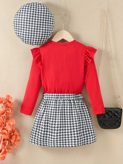 Youngsters Girls Ruffle Tee &amp; Houndstooth պրինտ կիսաշրջազգեստ և գլխարկ