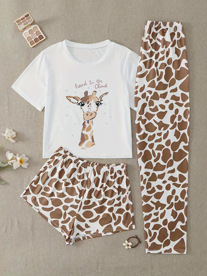 Կանացի 3 հատ Giraffe Print Ննջազգեստի Հավաքածու. Առօրյա կլոր վզով կարճ թև վերնաշապիկ, հարմարավետ շորտեր և երկար տաբատ պոլիեսթեր խառնուրդով, մեքենայով լվացվող քնազգեստ, ընձուղտ նվերներ