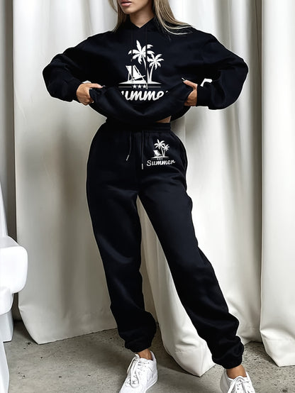Women's Casual Summer Printed Hoodie and Joggers Set