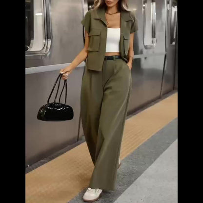 Women's Casual Solid Color Shirt and Pants 2pcs Set, Spring Summer 2pcs Set: Solid Color Button-Up Short Sleeve Top and Pocket Pants, Women's Casual Elegant Spring Summer 2pcs Outfit, Women's Outing and Date Wear, Spring Summ - ayq