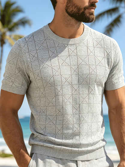 Men's Loose Fit Short Sleeve Hollow Knit Crew Neck Top