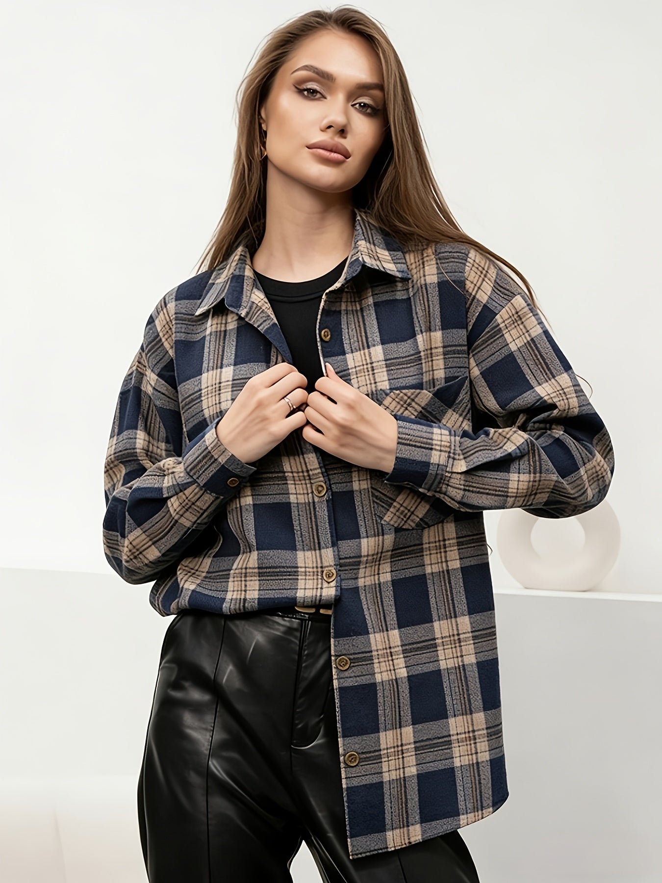 Plaid Long Sleeve Women's Casual Blouse with Lapel Collar