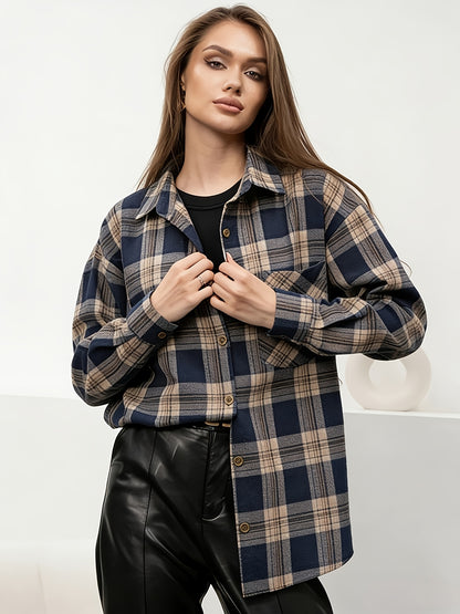 Plaid Long Sleeve Women's Casual Blouse with Lapel Collar