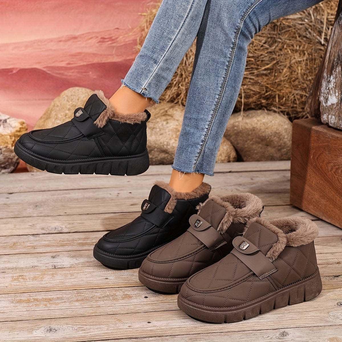 Աշուն-ձմեռ Փափուկ ծածկով Տաք Ձմեռային Կոշիկներ, Բազմաֆունկցիոնալ Դրսի Կոշիկներ Բլոկային Կրունկով, Հարմարավետ Կլոր Ծայրով Պատահական Ամենօրյա Օգտագործման և Ցուրտ Եղանակին Լեռնագնացության Համար