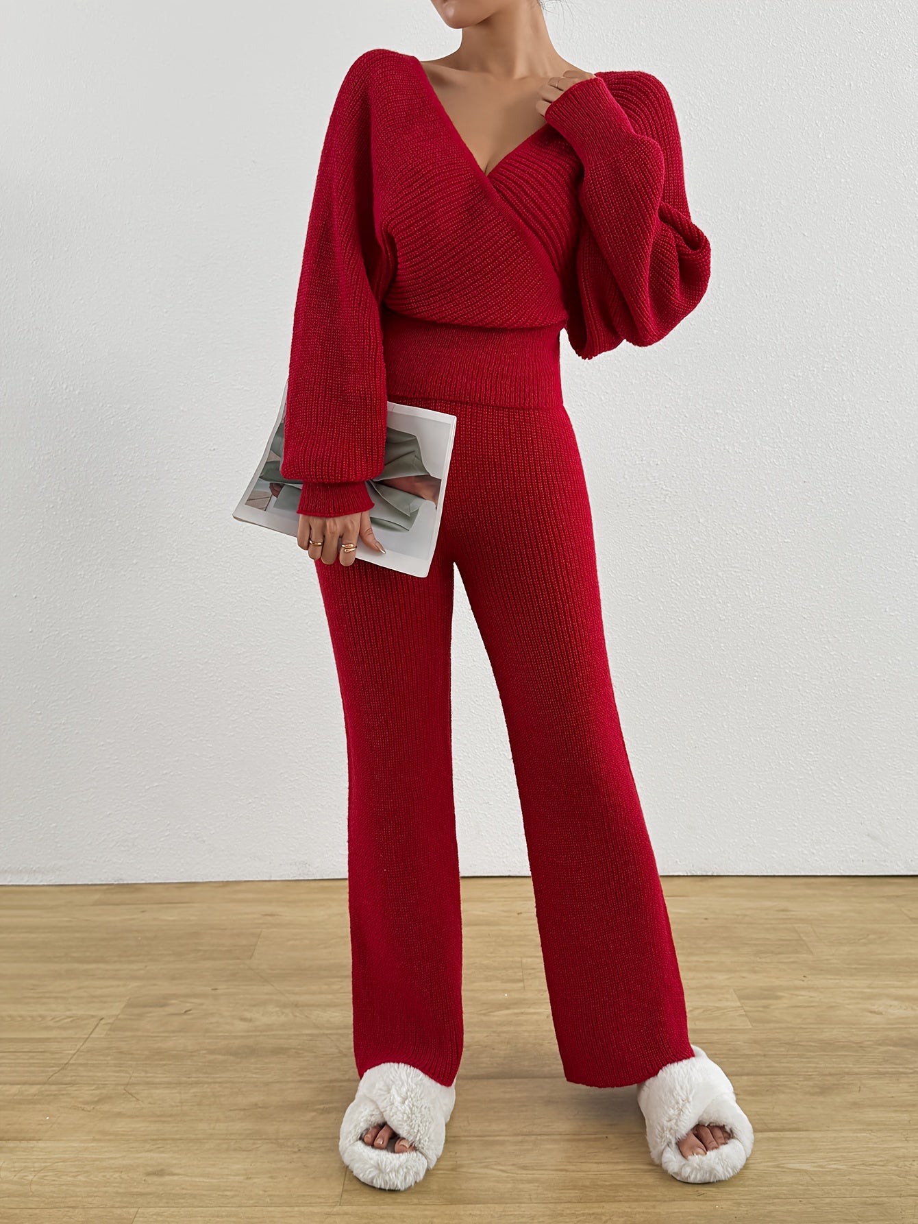 Կանացի աշնանային ձմեռային սվիտեր, V-աձև դեկոլտեով, անթև, պուլովեր և լայն տաբատ, էլեգանտ երկու մասից բաղկացած հավաքածու