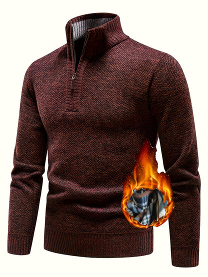 Men's Fleece-Lined Warm Knit Sweater - Autumn/Winter, Solid Color with Stand Collar & Short Zipper Placket, Long Sleeve, Polyester - Ideal for Hiking, Cycling & Casual Attire, Winter Sweater