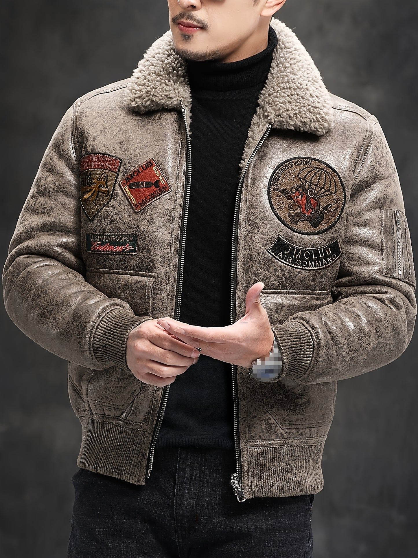 Men'S Faux Fur Lined Biker Jacket, Casual Long Sleeve Applique Air Force Style, Polyester 100% Knit Fabric, Solid Color Lapel Collar, Zipper Closure, Regular Fit for Daily & Golf Occasions - Fall/Winter Collection