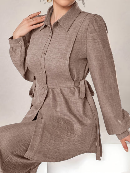 Stylish and Elegant Casual Two-Piece Women's Outfit with Side Tie Single-Breasted Shirt and Wide-Leg Pants for Office Wear