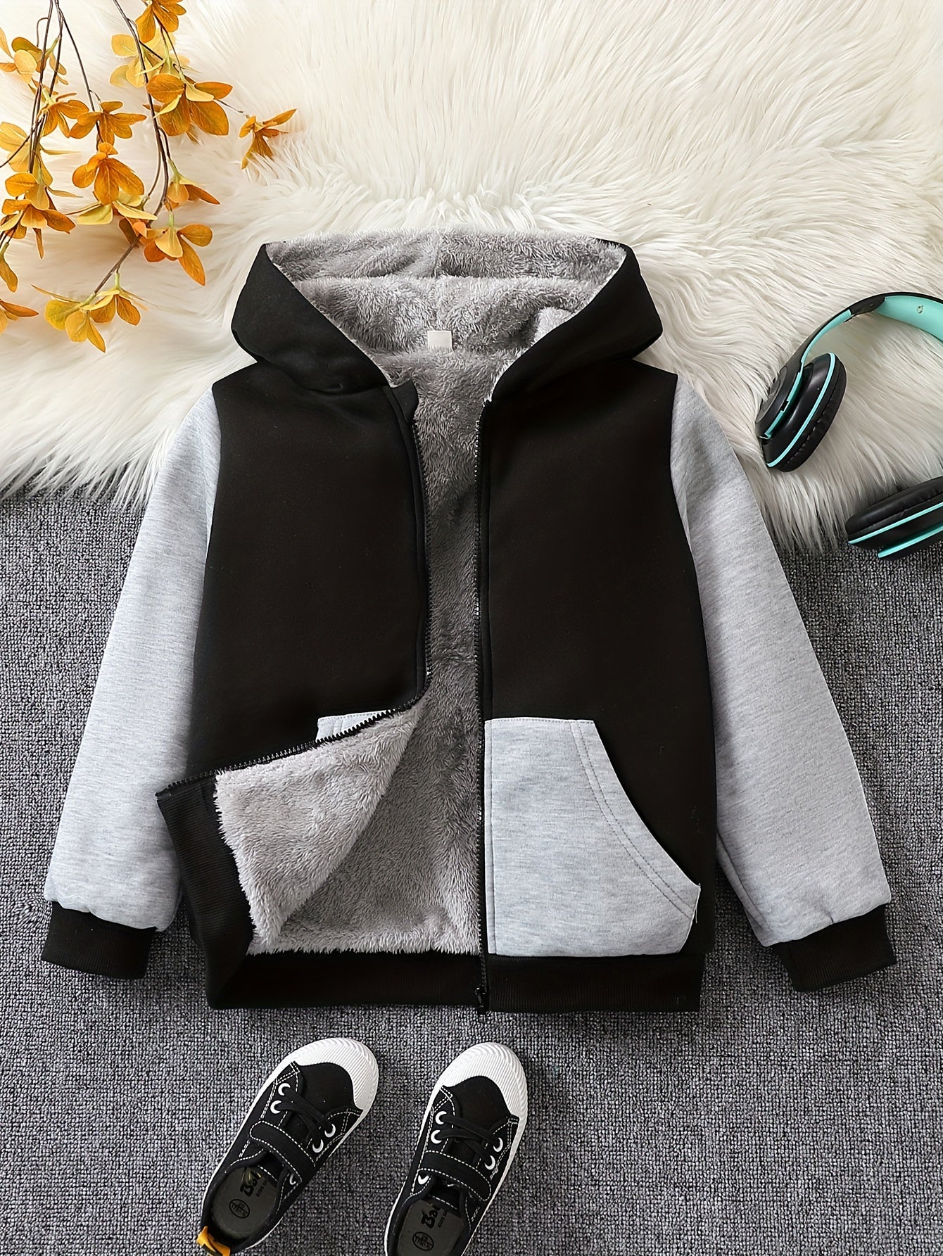 1pc Boys Stylish Color Block Fleece Lining Hooded Jacket, Long Sleeve Zip Up Jacket, Kids Clothes Outdoor