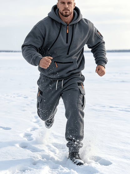 Men's Casual Hooded Tracksuit Set with Zipper Pockets