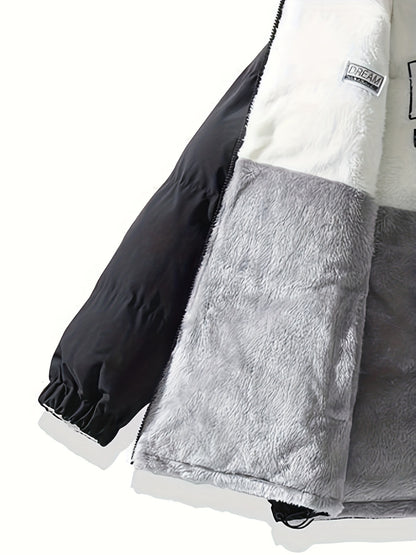 Տղամարդու երկկողմանի բրդյա ծածկույթով հաստ բաճկոն՝ առօրյա կանգնած օձիքով՝ տառերի տպագրությամբ, սովորական չափսերով, գրպաններով, պոլիեսթերային լցոնով, բազմակողմանի աշուն/ձմեռ համար, ձմեռային բաճկոն