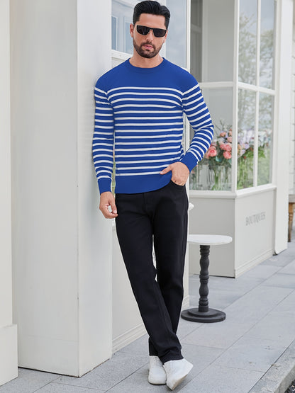 Գարնանային և աշնանային ամենօրյա երկգույն գծավոր տղամարդու սվիտեր-պուլովեր՝ գունավոր բլոկներով, կլոր վզնոցով, տղամարդու տրիկոտաժե վերնաշապիկ