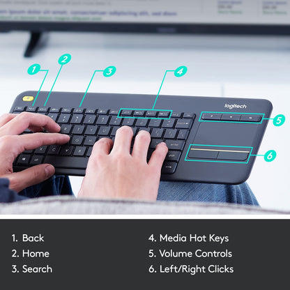 Logitech K400 plus Wireless Touch with Easy Media Control and Built-In Touchpad, HTPC Keyboard for Pc-Connected TV, Windows, Android, Chrome OS, Laptop, Tablet - Black