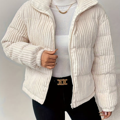 Կանացի սպիտակ փքված բաճկոն՝ կայծակաճարմանդով և թավշանման վերնամասով - Բեժ ձմեռային վերարկու, լվացքի մեքենայով լվացվող ցուրտ եղանակի վերնազգեստ, էլեգանտ կարճ կտրվածք (առանց գոտու)՝ առօրյա կամ պաշտոնական օգտագործման համար, կանացի բաճկոններ, ձմեռային հագուստ