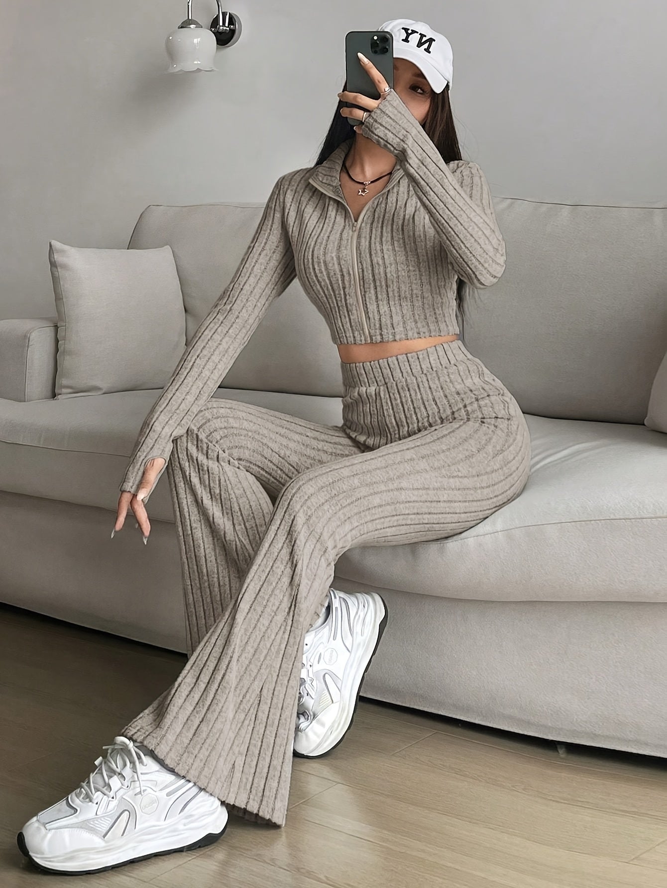 Elegant Zipper Cardigan & Wide Leg Pants Two-Piece Set