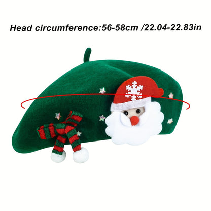 1pc Women'S 100% Wool Christmas Beret Hat with Santa Hat & Snowflake Bow - Lightweight Warm Winter Cap for Holiday Parties, Christmas Gifts, Durable Headgear, Festive Headwear, Party Headwear, New Year'S Eve - Hand Washable (