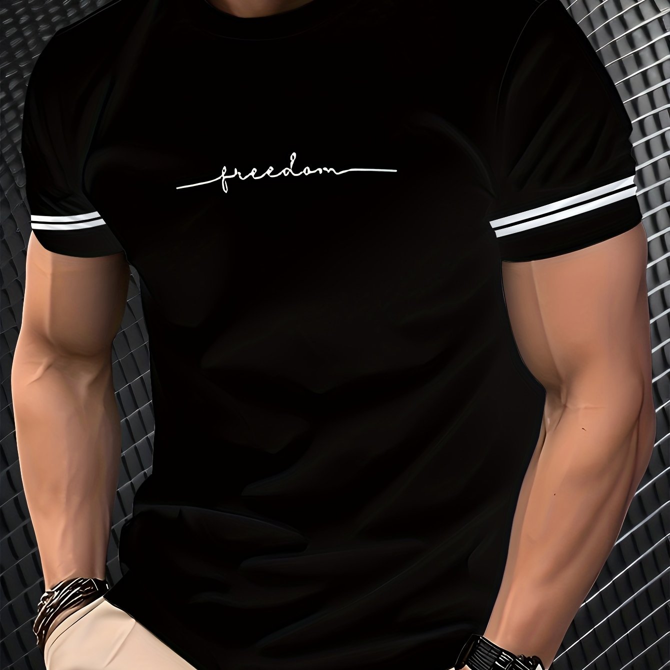 Men'S "Freedom" Graphic T-Shirt - Black Casual Crew Neck Tee with White Stripes, Breathable Polyester Blend, Regular Fit for Casual Attire, Everyday Tshirt   Bold Print Tee   Comfortable Fit, Knit