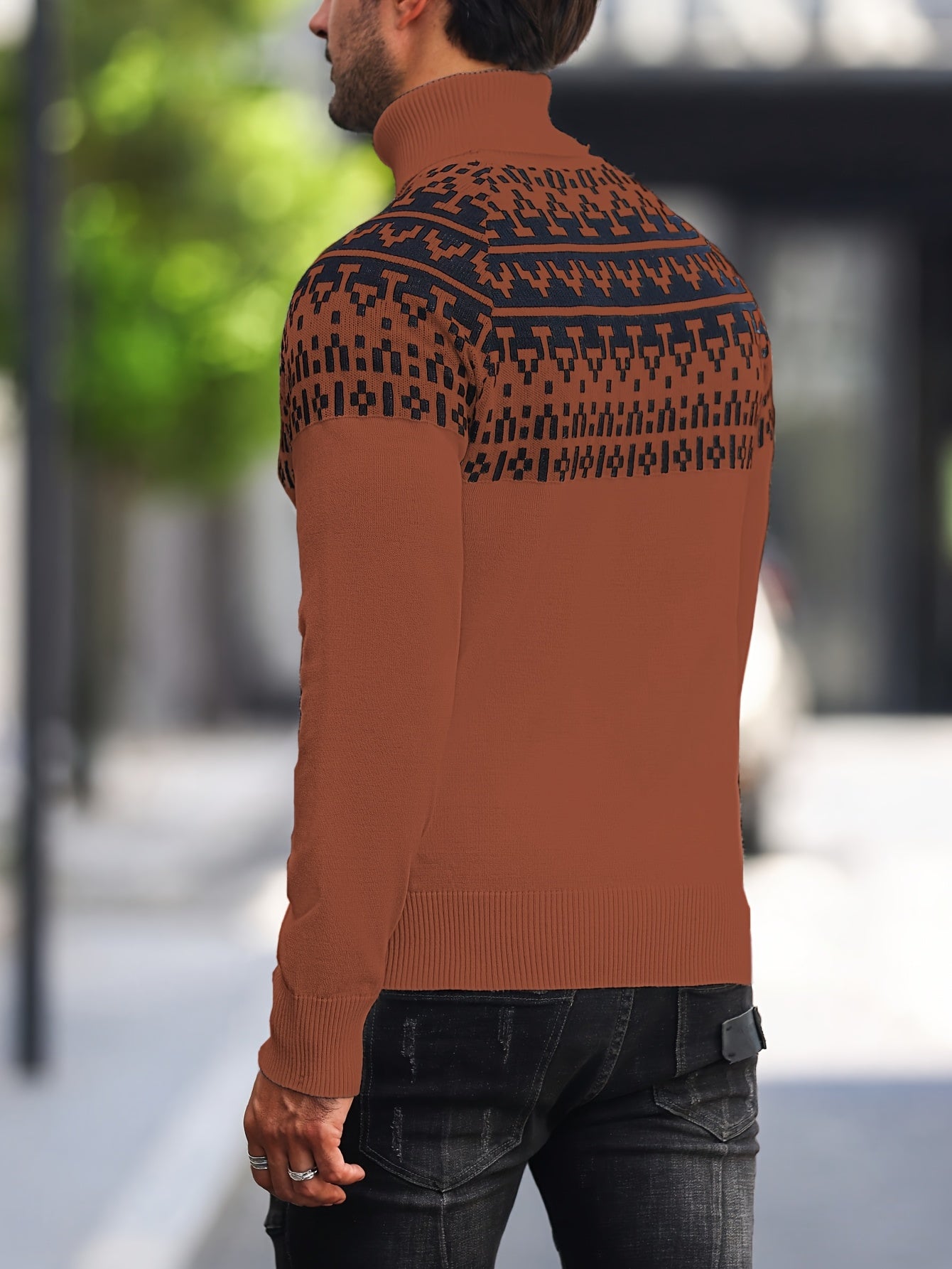 Տղամարդու երկրաչափական գրաֆիկական նախշերով տրիկոտաժե սվիտեր, աշնանային ձմեռային երկար թևքով կրիայով վզնոցով, բացօթյա հագուստի համար