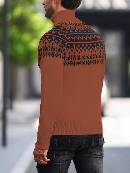 Տղամարդու երկրաչափական գրաֆիկական նախշերով տրիկոտաժե սվիտեր, աշնանային ձմեռային երկար թևքով կրիայով վզնոցով, բացօթյա հագուստի համար