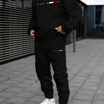 Men's Casual Sports Sweatshirt Set, Loose Fit Pullover Hoodie with Print, Polyester Blend, Round Neck, Stretch Knit, Autumn/Winter Collection