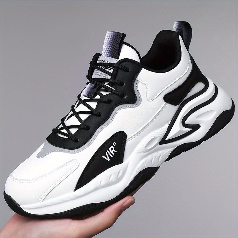 Men's Stylish Color-Block Sneakers - Black  Gray with White Accents, Comfortable All-Day Wear, Durable Rubber Sole, Lace-Up Design, Trendy Low-Top Style for Casual or Athletic Use, Casual Sneakers   Fashion Sneakers   Pu Mat