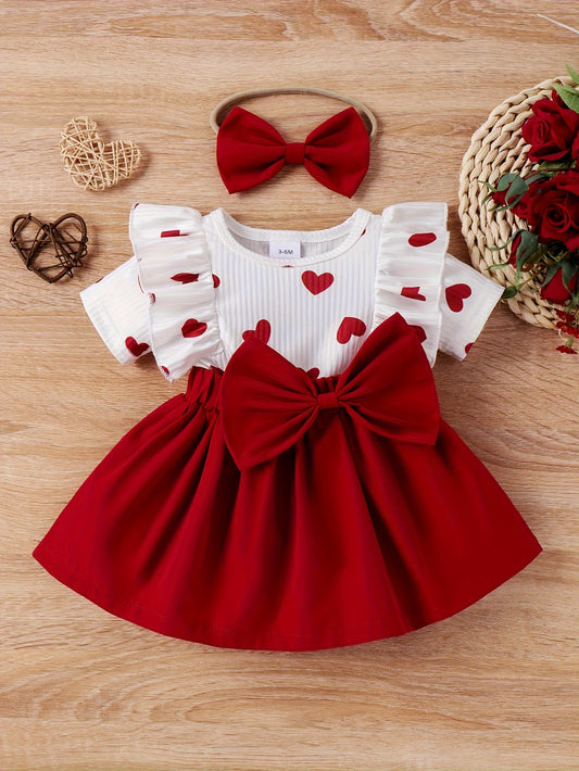 Baby Girl կարճաթև Love Print Bow զգեստ P100497