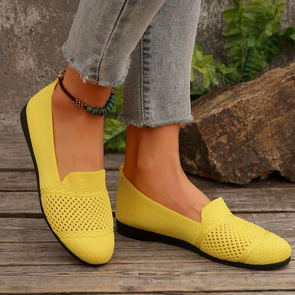 Women's Solid Color Knitted Flats, Lightweight Flat Soft Sole Walking Shoes, Round Toe Daily Footwear