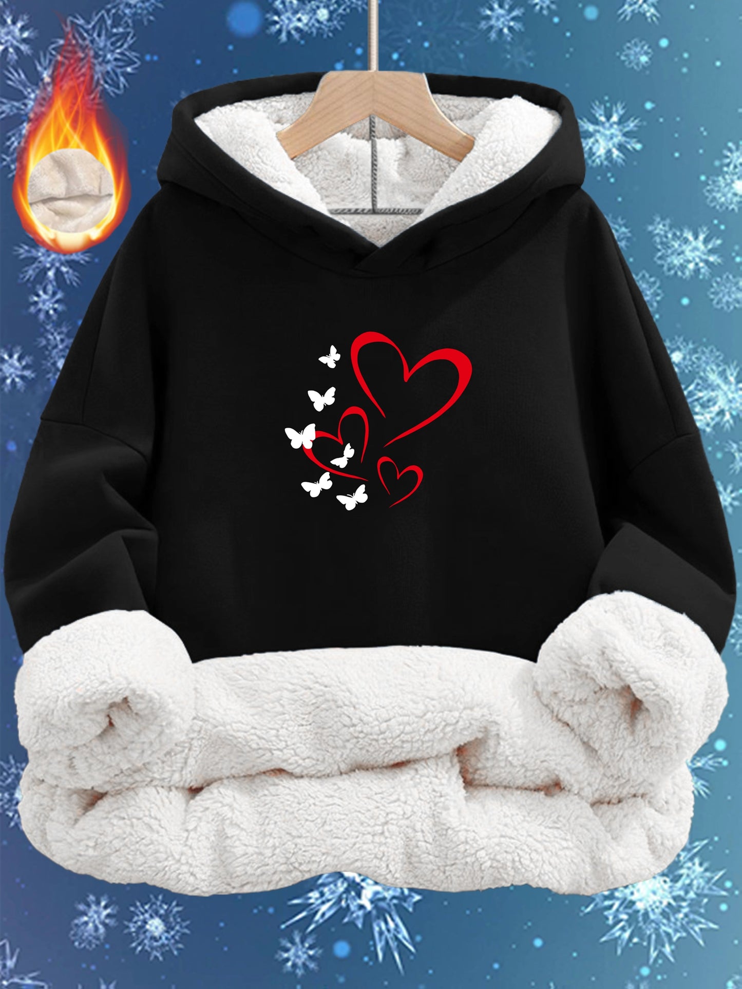 Women'S Cozy Fleece-Lined Hoodie with Heart & Butterfly Print - Long Sleeve, Warm Pullover for Fall & Winter, Machine Washable, Soft, Casual Outdoor Wear, & Camping, All-Season Comfort, Casual Winter Wear | Cozy Hoodie | Soft